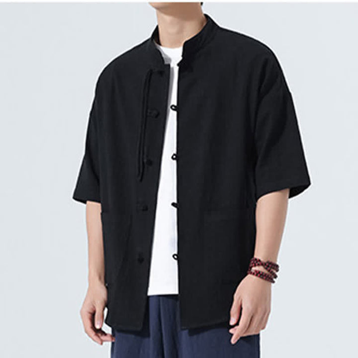 Buddha Stones Summer Tang Style Casual Mandarin Collar Frog Button Solid Men's Elbow-Length Sleeve Shirts With Pocket - image 13