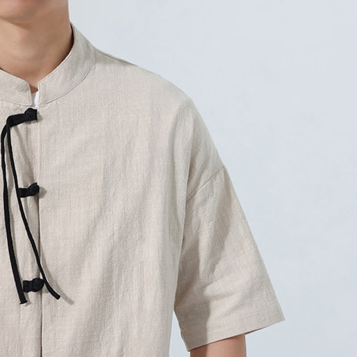Buddha Stones Summer Tang Style Casual Mandarin Collar Frog Button Solid Men's Elbow-Length Sleeve Shirts With Pocket - image 22