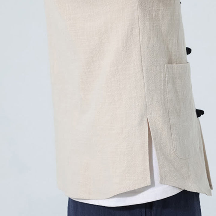 Buddha Stones Summer Tang Style Casual Mandarin Collar Frog Button Solid Men's Elbow-Length Sleeve Shirts With Pocket - image 18
