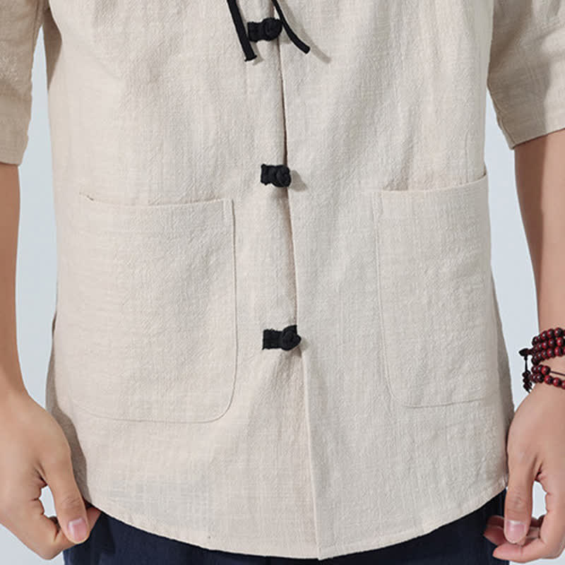 Buddha Stones Summer Tang Style Casual Mandarin Collar Frog Button Solid Men's Elbow-Length Sleeve Shirts With Pocket - image 15