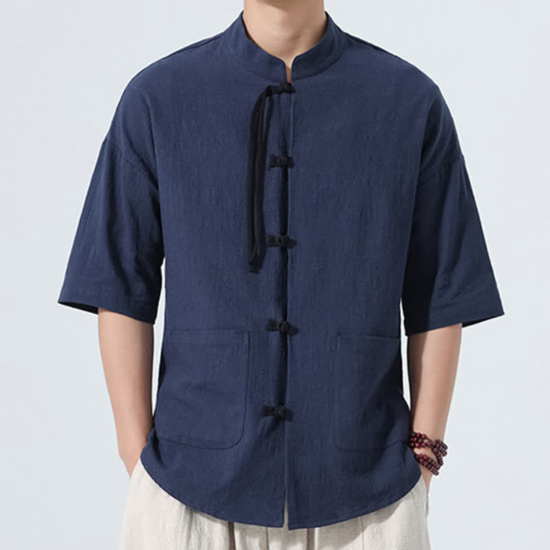 Buddha Stones Summer Tang Style Casual Mandarin Collar Frog Button Solid Men's Elbow-Length Sleeve Shirts With Pocket - image 1