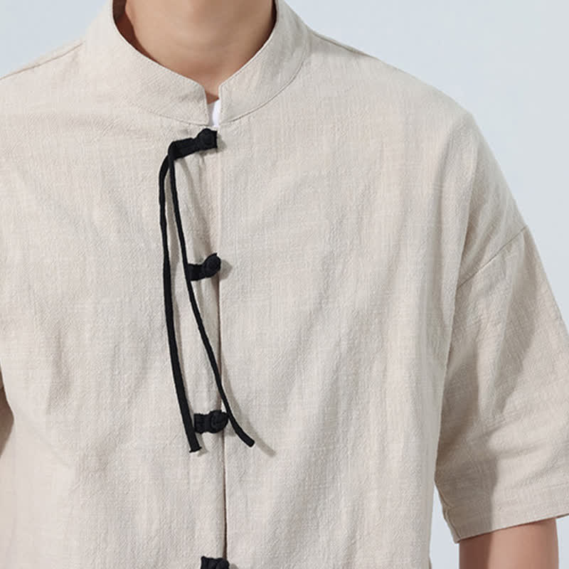 Buddha Stones Summer Tang Style Casual Mandarin Collar Frog Button Solid Men's Elbow-Length Sleeve Shirts With Pocket - image 20