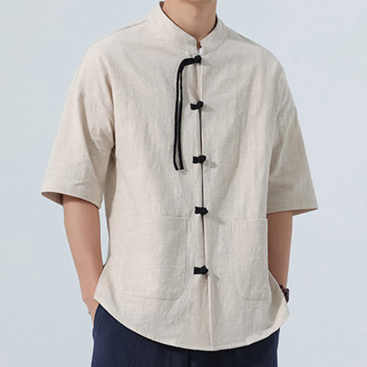 Buddha Stones Summer Tang Style Casual Mandarin Collar Frog Button Solid Men's Elbow-Length Sleeve Shirts With Pocket - image 21