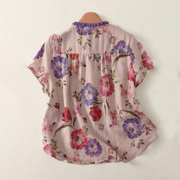 Buddha Stones Summer Casual Boho Drawstring Floral Peony Green Leaves Women's Short Sleeve Shirts - image 5