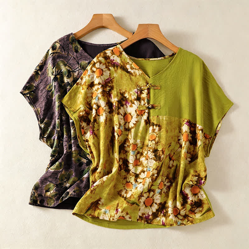 Buddha Stones Summer Casual Vintage Tang Style Pankou Floral Sunflowers Women's Short Sleeve Shirts - image 16