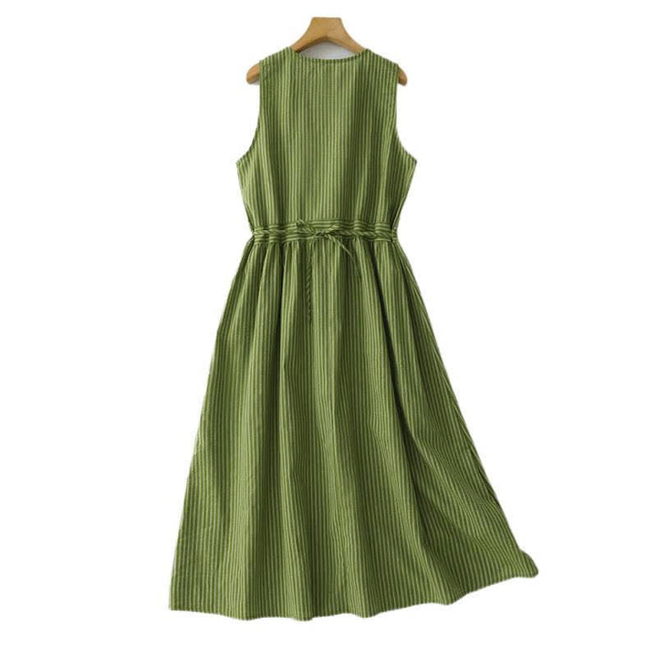 Buddha Stones Summer Casual Elegant Green Striped Crew Neck Women's Summer Sleeveless Dress - image 2