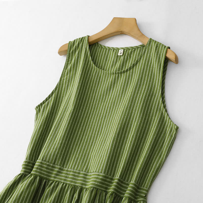 Buddha Stones Summer Casual Elegant Green Striped Crew Neck Women's Summer Sleeveless Dress - image 3