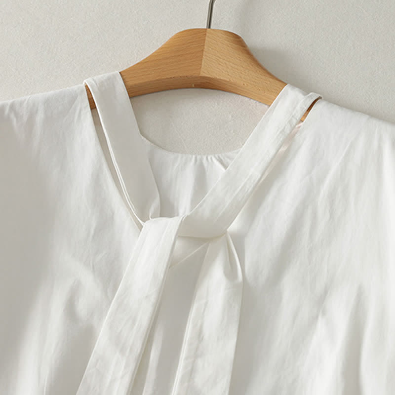 Buddha Stones Summer Casual Elegant Tie Neck Solid Ruffled Hem Women's Short Sleeve Dress - image 4