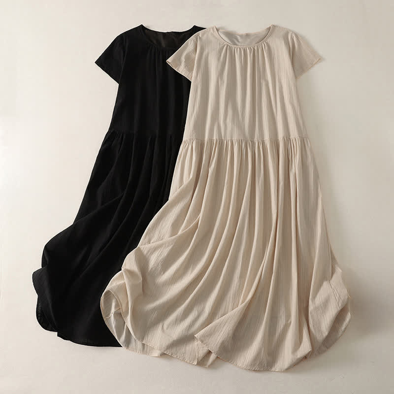Buddha Stones Summer Casual Minimalist Solid Crew Neck Women's Short Sleeve Dresses With Pockets - image 9