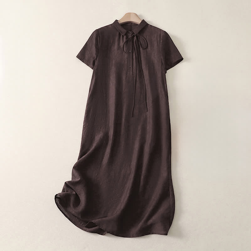 Buddha Stones Summer Minimalist Vintage Button-Up Solid Lace-up Women's Short Sleeve Dresses With Pockets - SaddleBrown - US14, UK/AU18, EU46 (2XL) - image 0