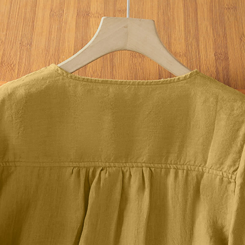 Buddha Stones Summer Casual Minimalist Button-Up Solid Crew Neck Women's Short Sleeve Shirts With Patch Pocket - image 10