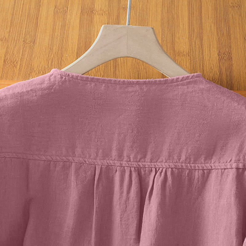 Buddha Stones Summer Casual Minimalist Button-Up Solid Crew Neck Women's Short Sleeve Shirts With Patch Pocket - image 3