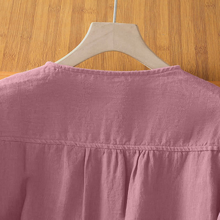 Buddha Stones Summer Casual Minimalist Button-Up Solid Crew Neck Women's Short Sleeve Shirts With Patch Pocket - image 3