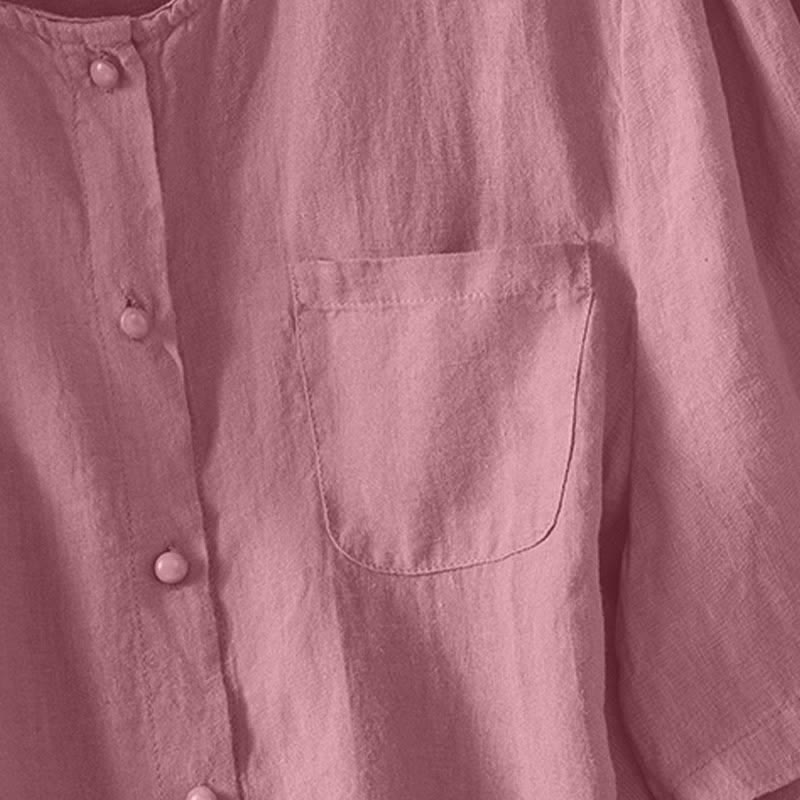 Buddha Stones Summer Casual Minimalist Button-Up Solid Crew Neck Women's Short Sleeve Shirts With Patch Pocket - image 4