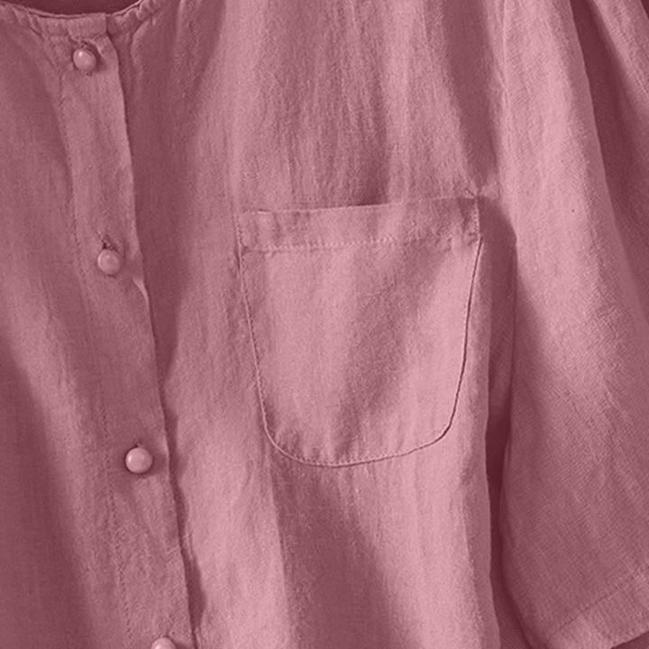 Buddha Stones Summer Casual Minimalist Button-Up Solid Crew Neck Women's Short Sleeve Shirts With Patch Pocket - image 4