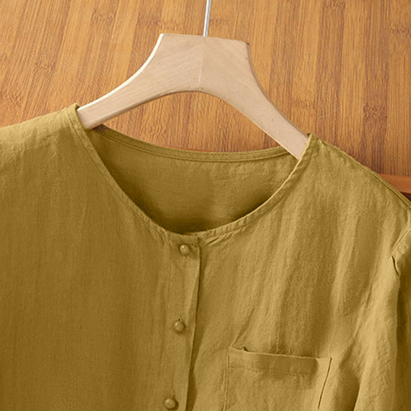 Buddha Stones Summer Casual Minimalist Button-Up Solid Crew Neck Women's Short Sleeve Shirts With Patch Pocket - image 9