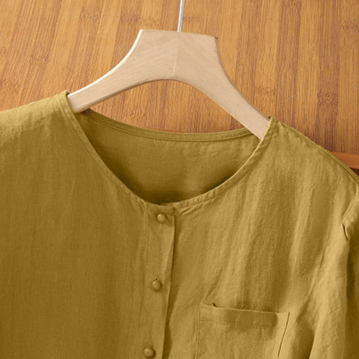 Buddha Stones Summer Casual Minimalist Button-Up Solid Crew Neck Women's Short Sleeve Shirts With Patch Pocket - image 9