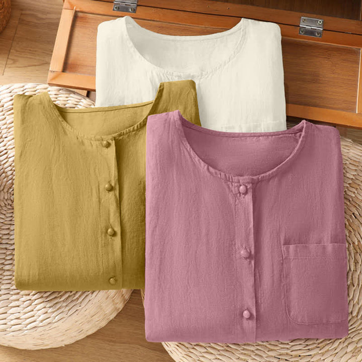 Buddha Stones Summer Casual Minimalist Button-Up Solid Crew Neck Women's Short Sleeve Shirts With Patch Pocket - image 25
