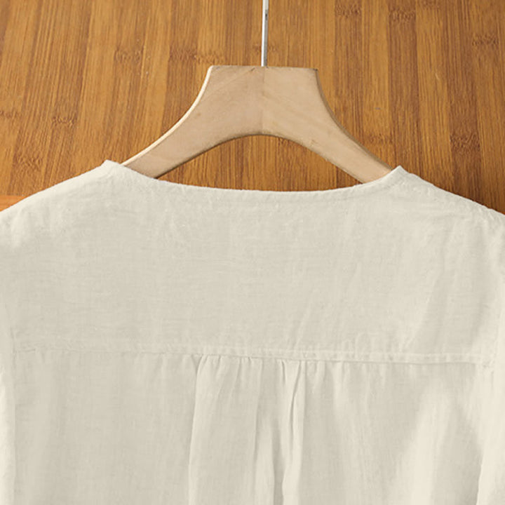 Buddha Stones Summer Casual Minimalist Button-Up Solid Crew Neck Women's Short Sleeve Shirts With Patch Pocket - image 15
