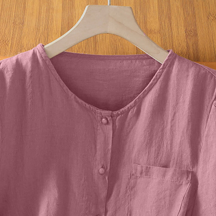 Buddha Stones Summer Casual Minimalist Button-Up Solid Crew Neck Women's Short Sleeve Shirts With Patch Pocket - image 2