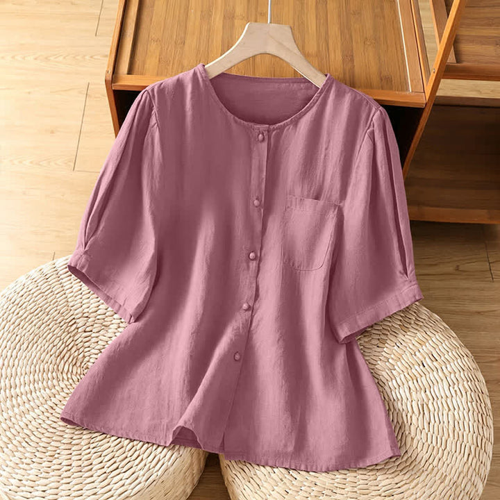 Buddha Stones Summer Casual Minimalist Button-Up Solid Crew Neck Women's Short Sleeve Shirts With Patch Pocket - PaleVioletRed - US8-10, UK/AU12-14, EU40-42 (2XL) - image 0
