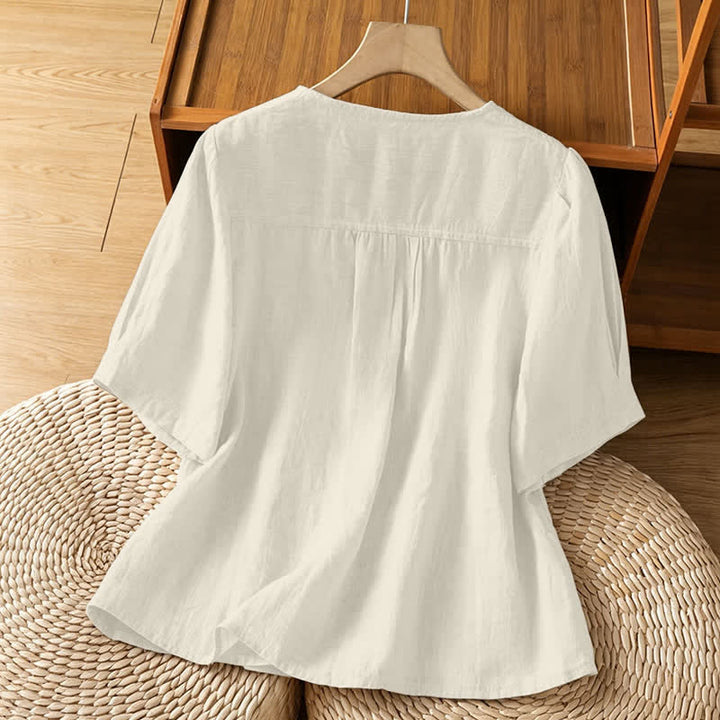 Buddha Stones Summer Casual Minimalist Button-Up Solid Crew Neck Women's Short Sleeve Shirts With Patch Pocket - image 13
