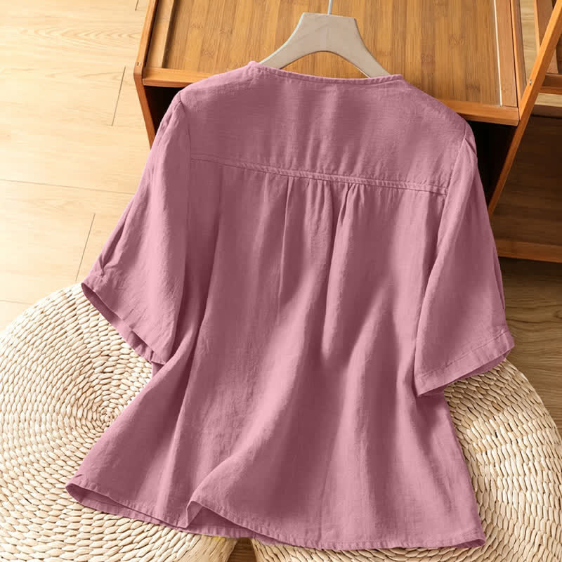Buddha Stones Summer Casual Minimalist Button-Up Solid Crew Neck Women's Short Sleeve Shirts With Patch Pocket - image 1