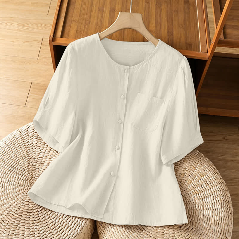 Buddha Stones Summer Casual Minimalist Button-Up Solid Crew Neck Women's Short Sleeve Shirts With Patch Pocket - Beige - US8-10, UK/AU12-14, EU40-42 (2XL) - image 12