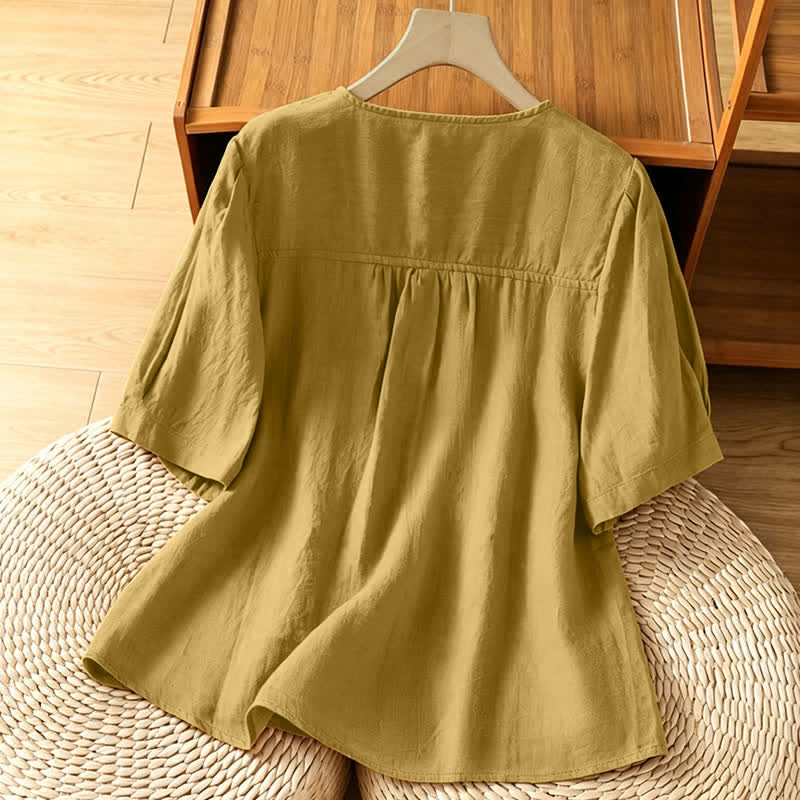Buddha Stones Summer Casual Minimalist Button-Up Solid Crew Neck Women's Short Sleeve Shirts With Patch Pocket - image 8