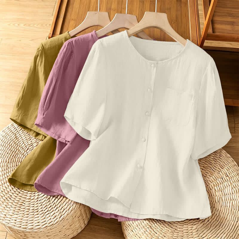 Buddha Stones Summer Casual Minimalist Button-Up Solid Crew Neck Women's Short Sleeve Shirts With Patch Pocket - image 24