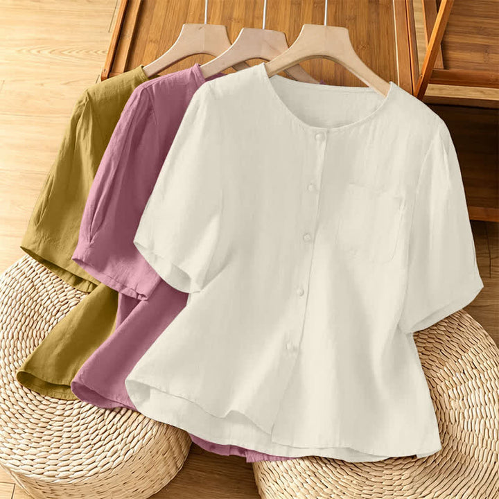 Buddha Stones Summer Casual Minimalist Button-Up Solid Crew Neck Women's Short Sleeve Shirts With Patch Pocket - image 24