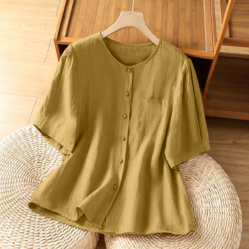 Buddha Stones Summer Casual Minimalist Button-Up Solid Crew Neck Women's Short Sleeve Shirts With Patch Pocket - Goldenrod - US8-10, UK/AU12-14, EU40-42 (2XL) - image 7