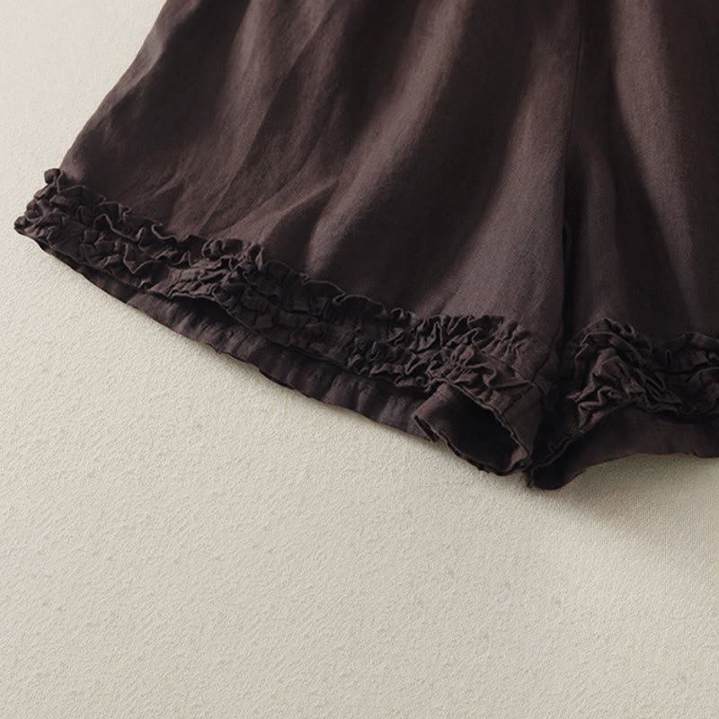 Buddha Stones Summer Casual Vintage Solid Elastic Waist Ruffled Hem Women's Shorts With Pockets - image 12