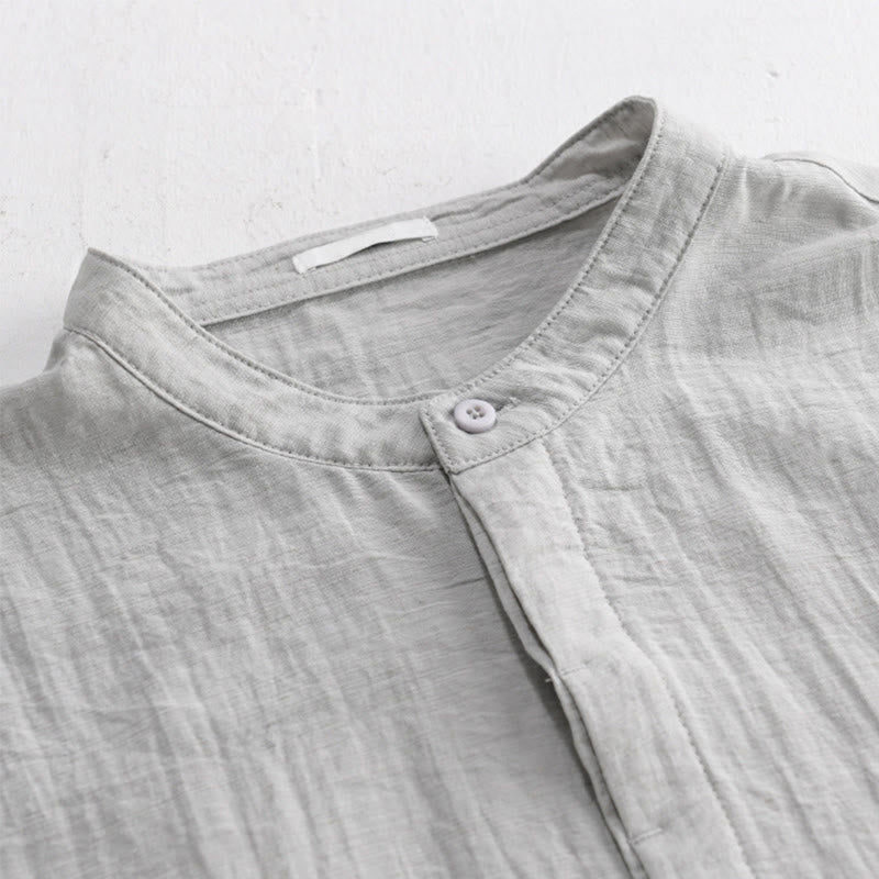 Buddha Stones Summer Casual Tang Style Mandarin Collar Half Buttons Solid Men's Short Sleeve Shirts With Decorative Pocket - image 3