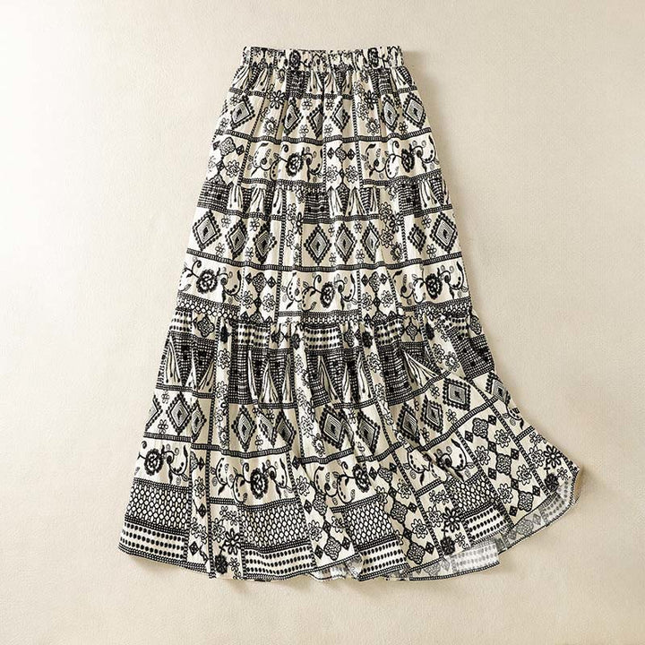 Buddha Stones Summer Bohemian Casual Black Beige Geometric Floral Women's Skirt - image 1
