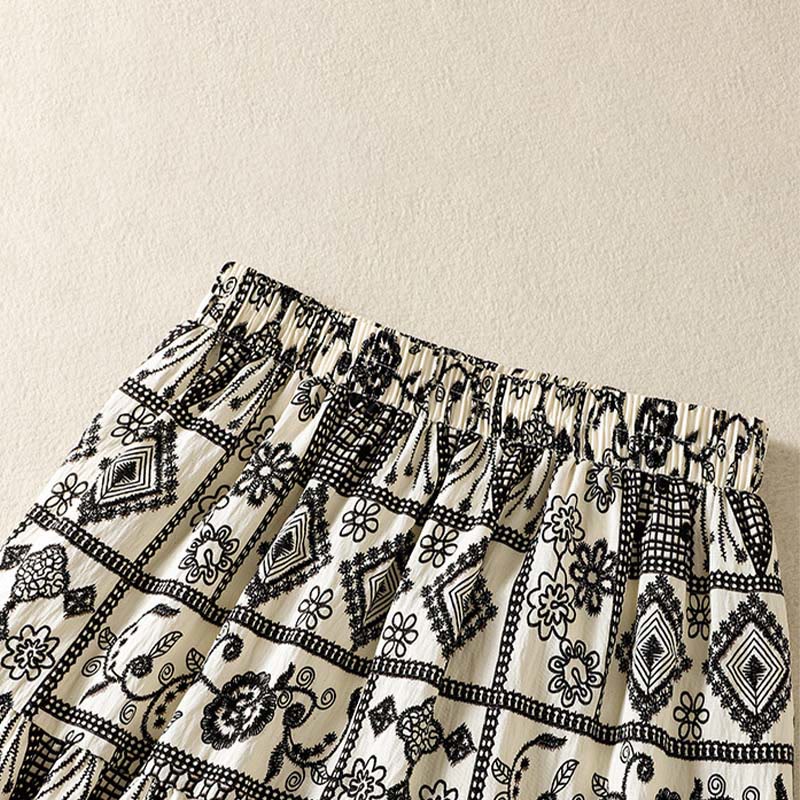 Buddha Stones Summer Bohemian Casual Black Beige Geometric Floral Women's Skirt - image 3