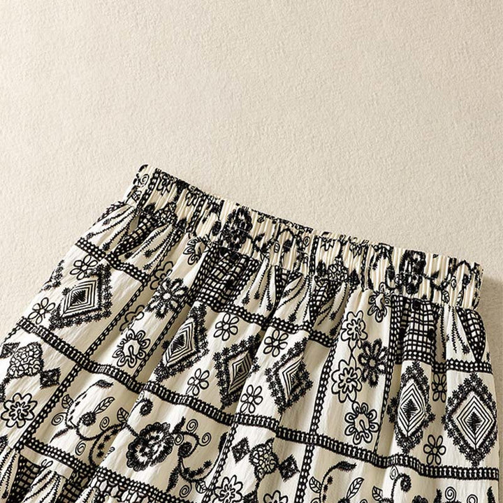 Buddha Stones Summer Bohemian Casual Black Beige Geometric Floral Women's Skirt - image 3