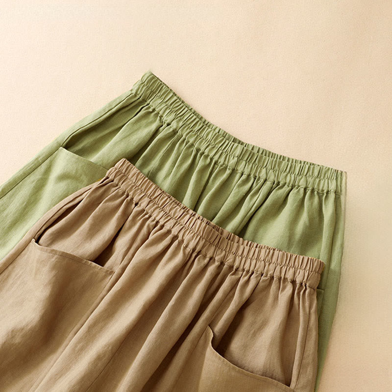 Buddha Stones Summer Casual Solid Elastic Waist Cropped Pants Women's Wide Leg Pants With Pockets - image 17