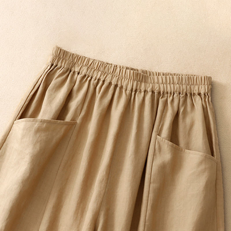 Buddha Stones Summer Casual Solid Elastic Waist Cropped Pants Women's Wide Leg Pants With Pockets - image 2