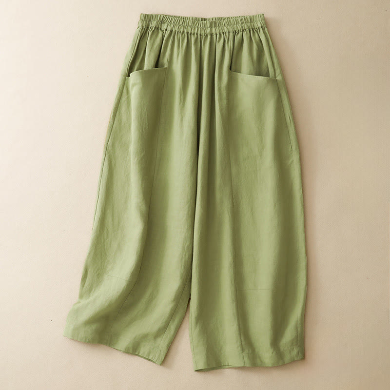 Buddha Stones Summer Casual Solid Elastic Waist Cropped Pants Women's Wide Leg Pants With Pockets - LightGreen - US12, UK/AU16, EU44 (2XL) - image 10