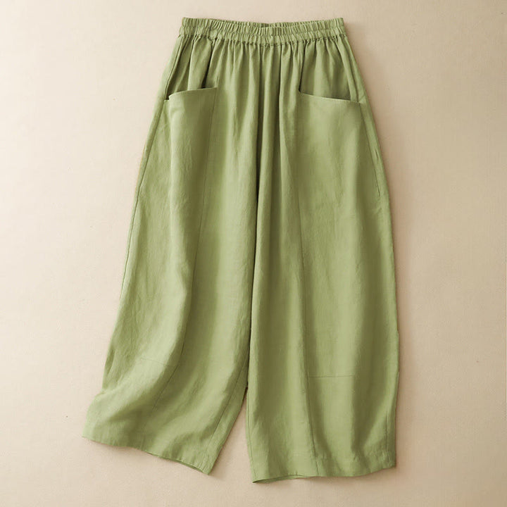 Buddha Stones Summer Casual Solid Elastic Waist Cropped Pants Women's Wide Leg Pants With Pockets - LightGreen - US12, UK/AU16, EU44 (2XL) - image 10
