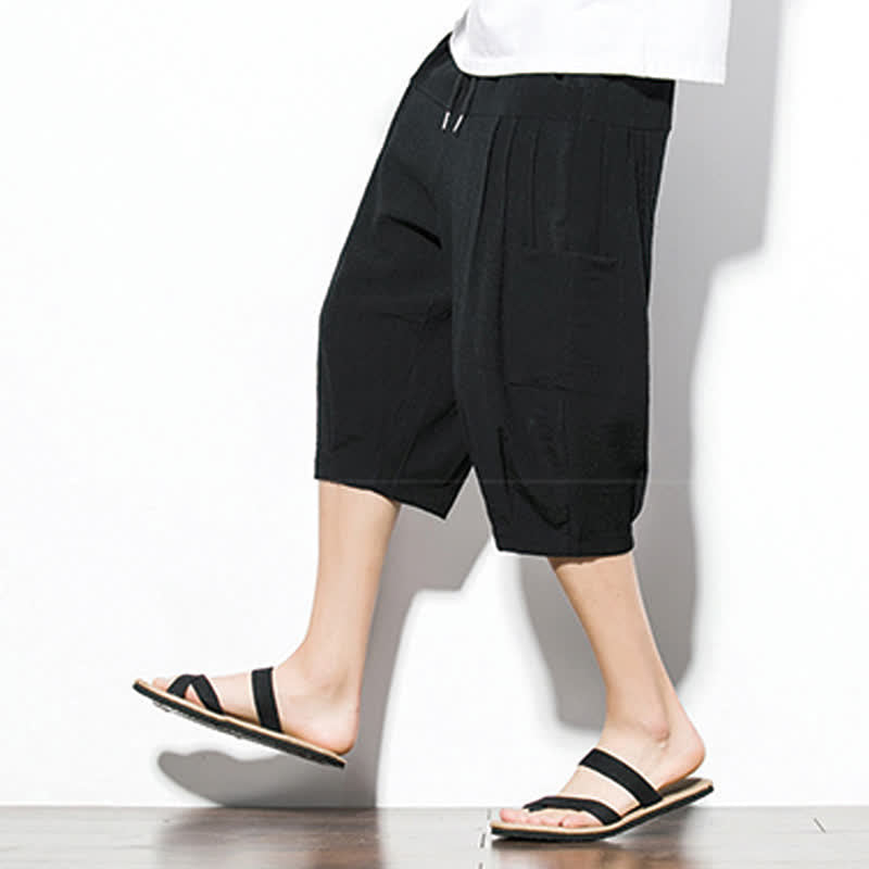 Buddha Stones Summer Casual Minimalist Drawstring Solid Men's Cropped Pants With Pocket - image 17