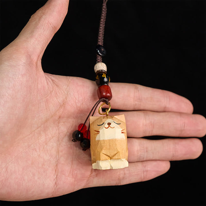 Buddha Stones Hand Carved Wooden Cat Om Mani Padme Hum Peace Keychains - image 7