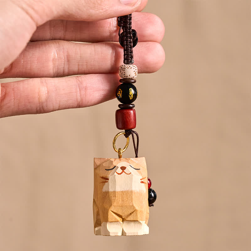 Buddha Stones Hand Carved Wooden Cat Om Mani Padme Hum Peace Keychains - image 4