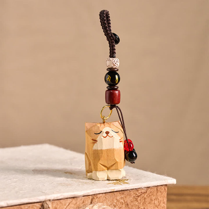 Buddha Stones Hand Carved Wooden Cat Om Mani Padme Hum Peace Keychains - image 2
