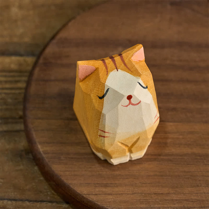 Buddha Stones Natural Texture Wood Orange Cat Hand-Carved Cute Animal Decor - image 2
