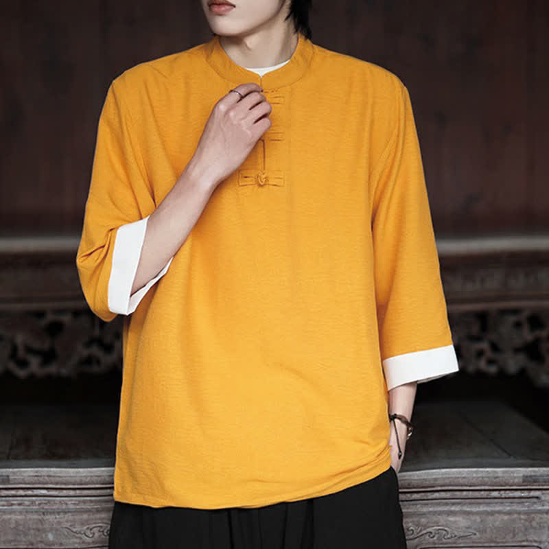 Buddha Stones Summer Tang Style Vintage Mandarin Collar Frog Button Solid Men's Elbow-Length Sleeve Shirts - image 14