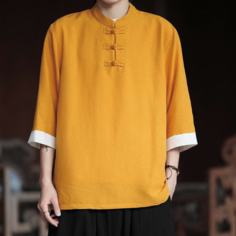 Buddha Stones Summer Tang Style Vintage Mandarin Collar Frog Button Solid Men's Elbow-Length Sleeve Shirts - Gold - US/UK/AU46, EU56 (5XL) - image 13