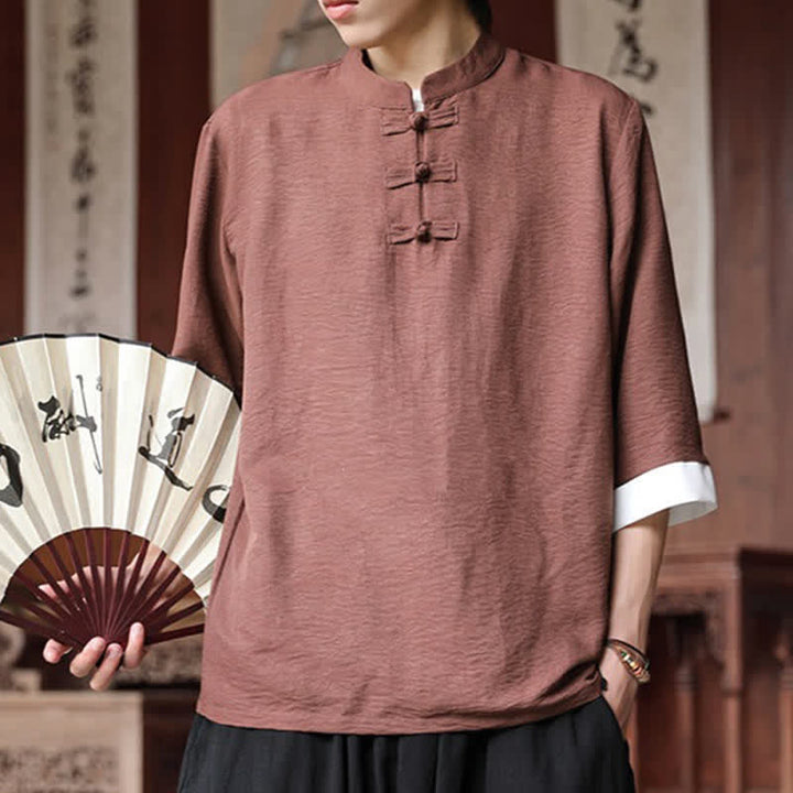 Buddha Stones Summer Tang Style Vintage Mandarin Collar Frog Button Solid Men's Elbow-Length Sleeve Shirts - image 1