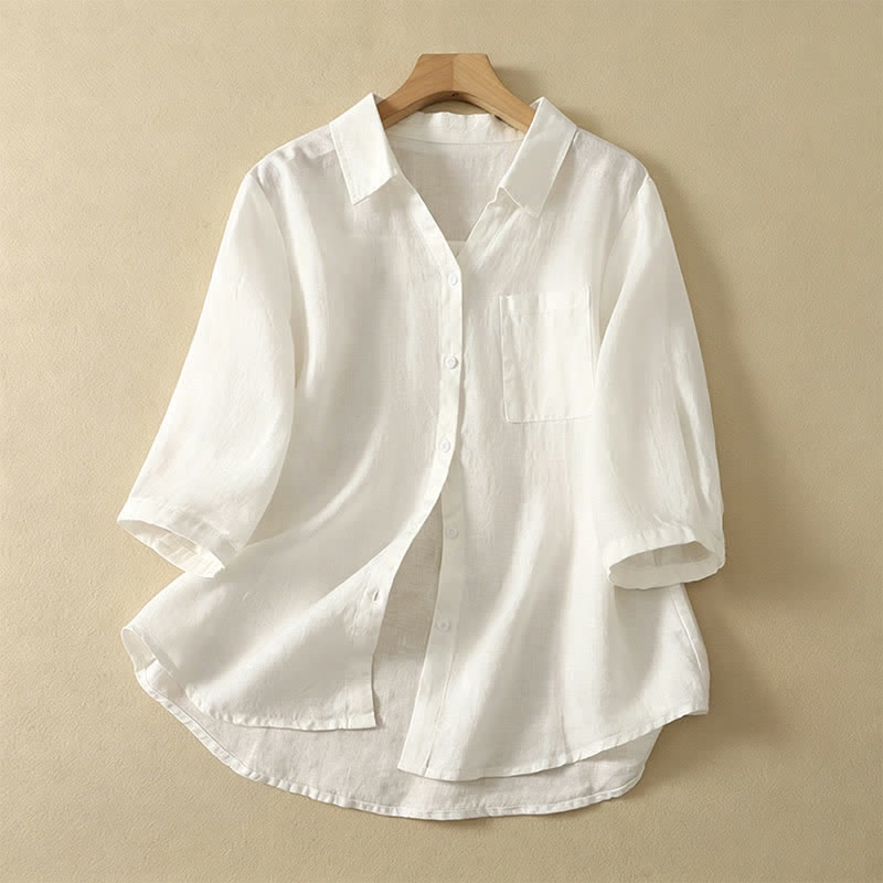 Buddha Stones Summer Casual Minimalist Button-Up Solid Women's Short Sleeve Shirts With Pocket - White - US8-10, UK/AU12-14, EU40-42 (2XL) - image 15